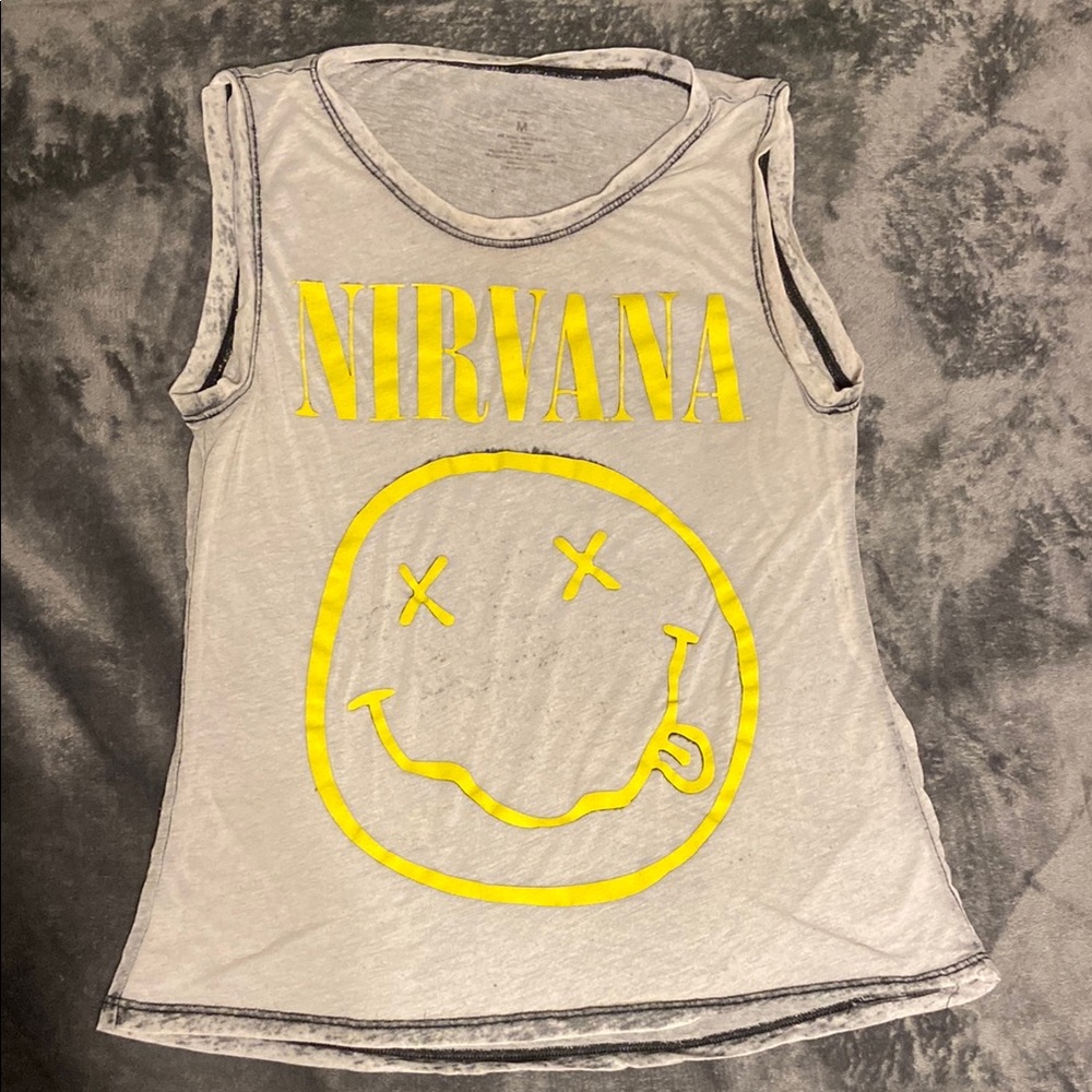 NIRVANA Grey and Yellow Muscle Tee with Iconic Smiley